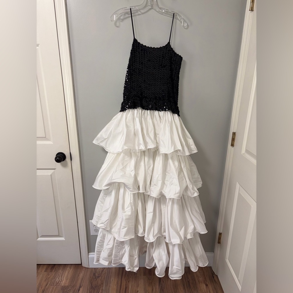 VTG Black Sequin Bodice White Tiered Ruffle Maxi Dress 80s Prom Princess Pageant
